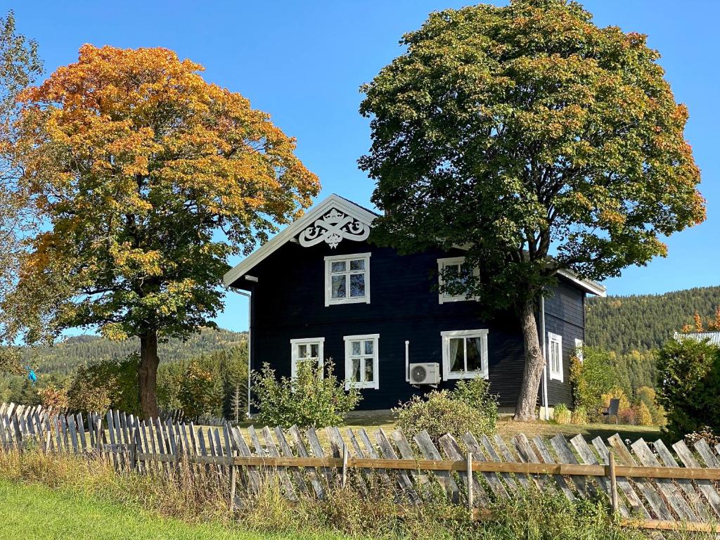 ÅmotEika Cottage: Cozy, rural, spacious and well-equiped的一座黑色的房子,上面涂有一辆自行车