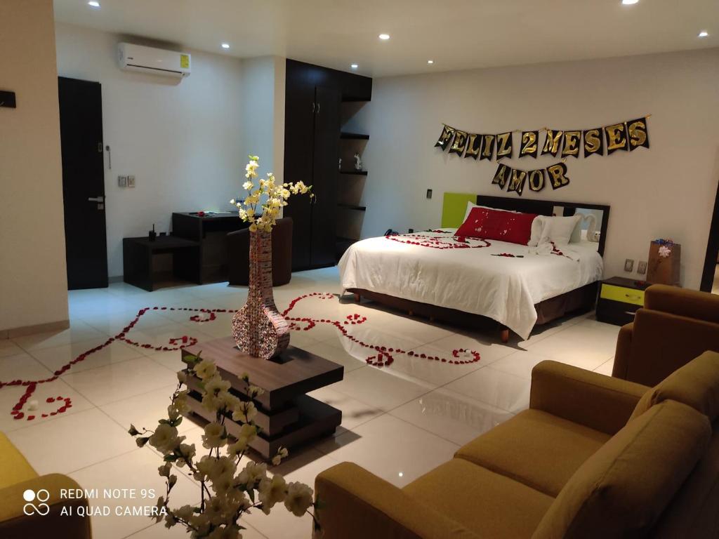 San José IturbideHotel SanJo的一间卧室设有一张床和一间客厅。