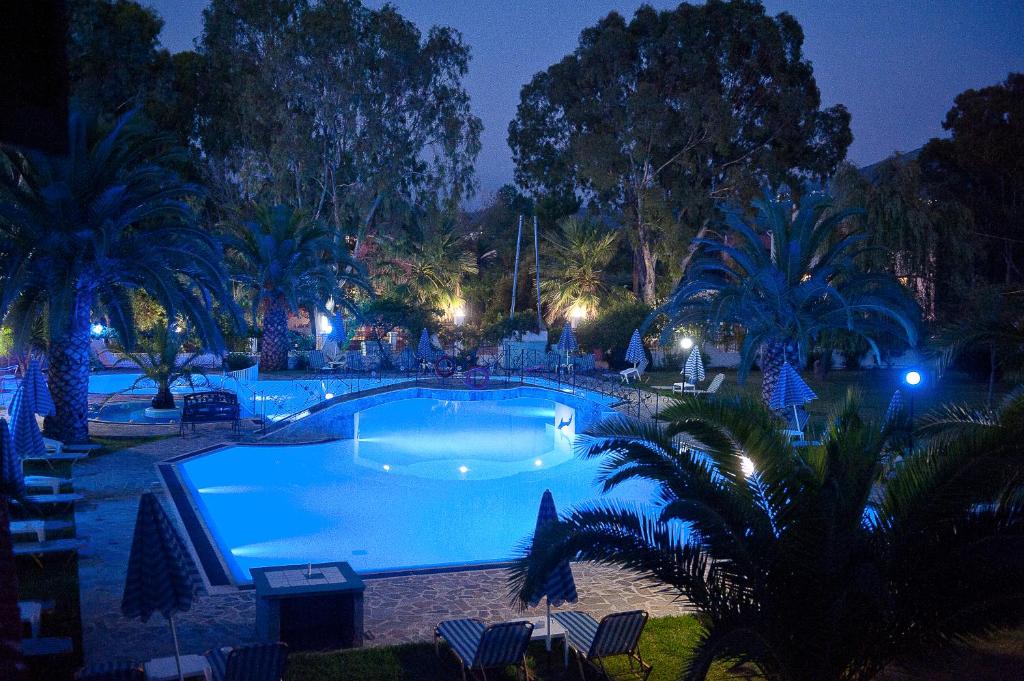 罗达Charlies Venus Apartments的棕榈树的夜间大型游泳池