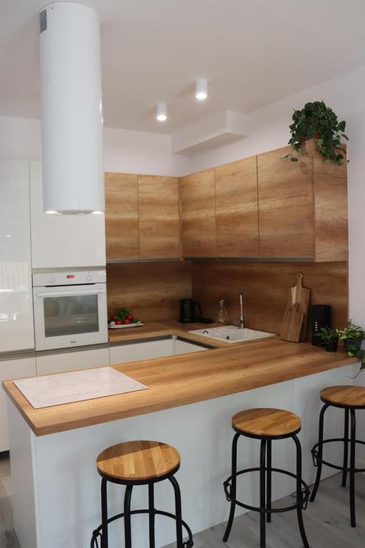 卢克钦Baltic Nature的厨房配有木制橱柜和酒吧凳子