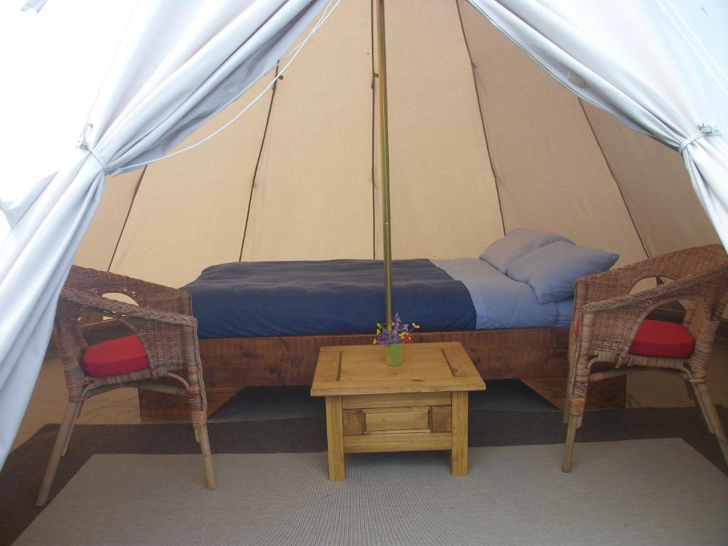 杜林Aille River Tourist Hostel Glamping Doolin的帐篷内的一张床位,配有两把椅子和一张桌子