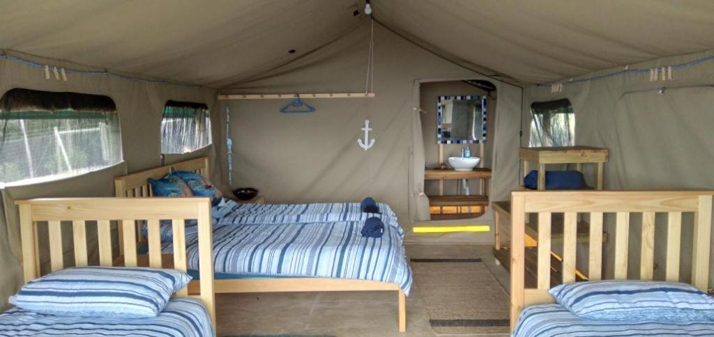 维德尼斯Trees&Seas - Glamping with farm animals的一间帐篷内带两张床的卧室