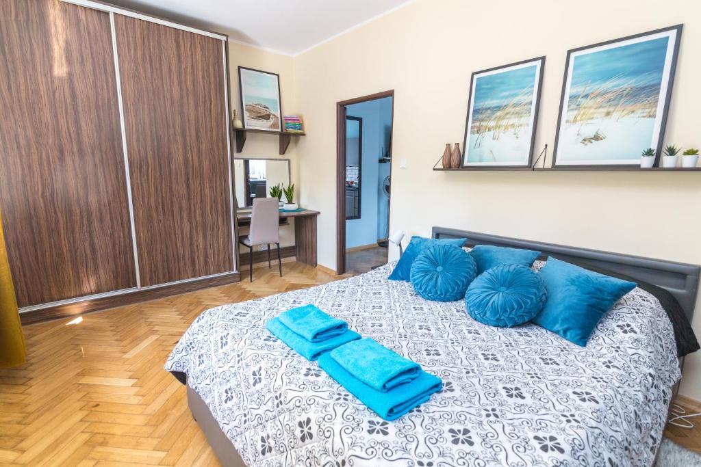 赫尔Apartament z jacuzzi的一间卧室配有一张带蓝色枕头的床。