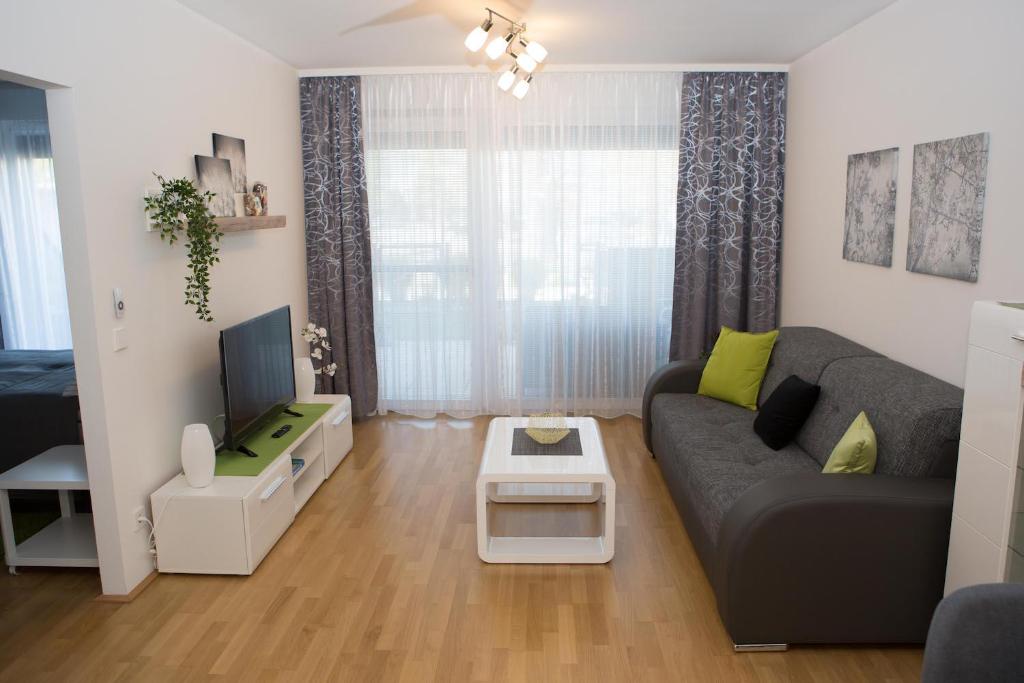 维也纳Modern Danube Apartment Vienna的带沙发和电视的客厅