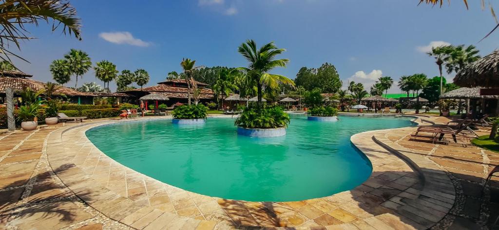 巴雷里尼亚斯普雷格伊萨斯港度假酒店的拥有蓝水和棕榈树的度假村的游泳池