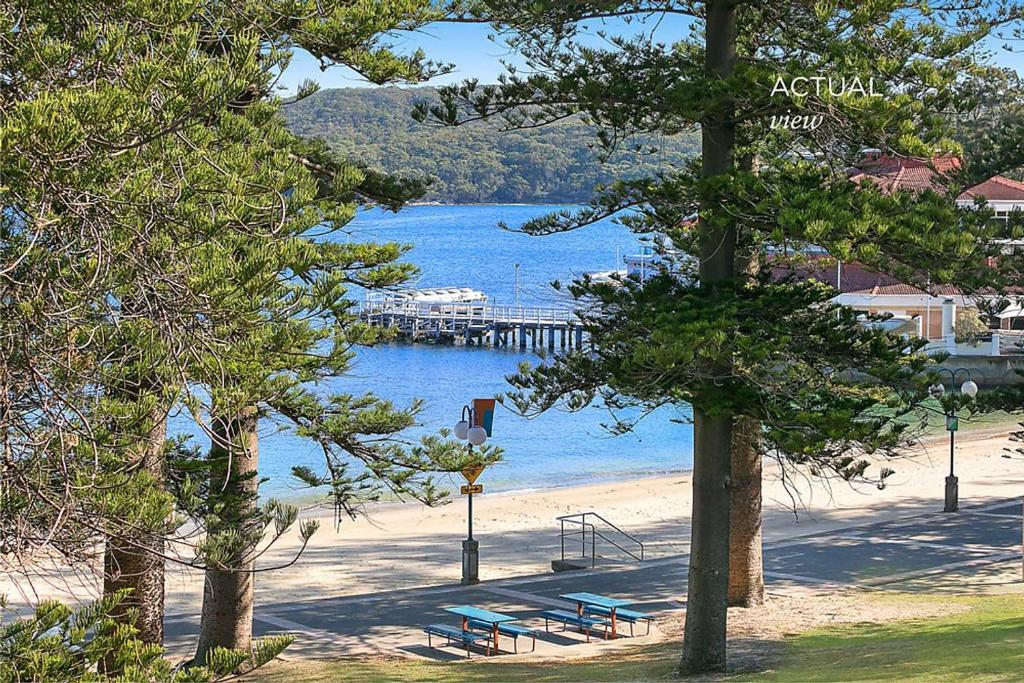 悉尼Best location in Manly Harbour view的海滩上设有长椅和水面上的码头