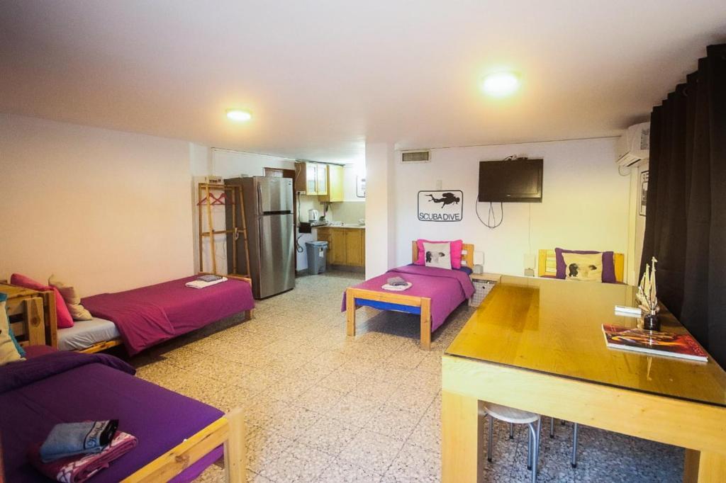 埃拉特Exodus Hostel &amp; Dive Center的一间带两张床的客厅和一间厨房