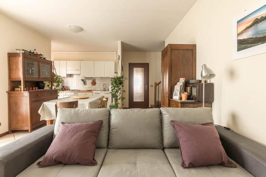 维罗纳Verona Fiera Suite的带沙发的客厅和厨房