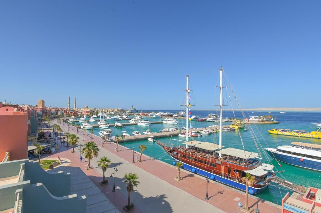 赫尔格达The Boutique Hotel Hurghada Marina的与其他船只停靠在码头的船只