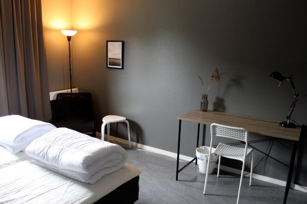 利雪平De la Gardie Park Vandrarhem Hostel的卧室配有一张床、一张桌子和椅子