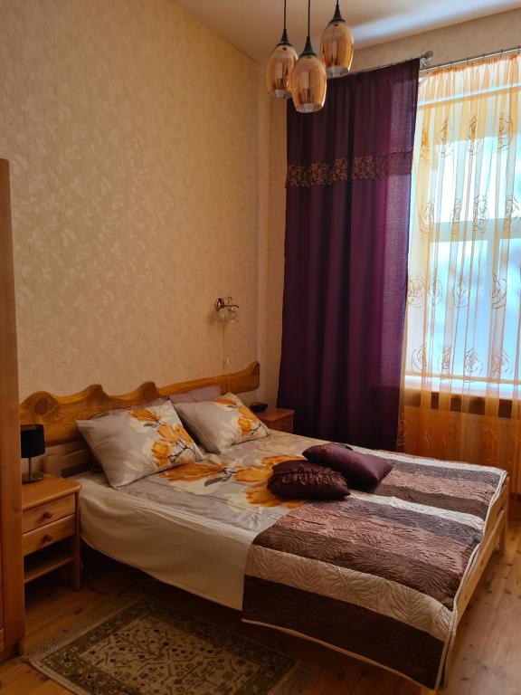 利耶帕亚Libau Baden apartamenti的一间卧室配有一张床和一个带紫色窗帘的窗户