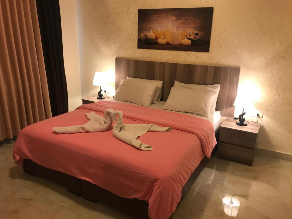 安曼Suzan Hotel Apartments的一种在卧室的床上躺着的动物