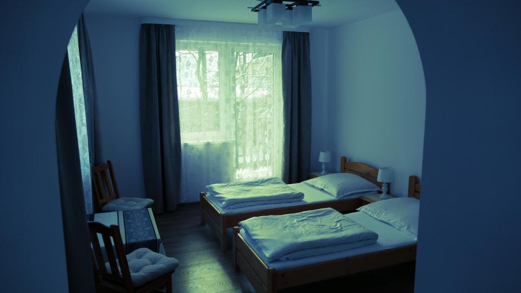 科尔别卢夫Apartamenty Bogusia Korbielów Pilsko的带窗户的客房内的两张床