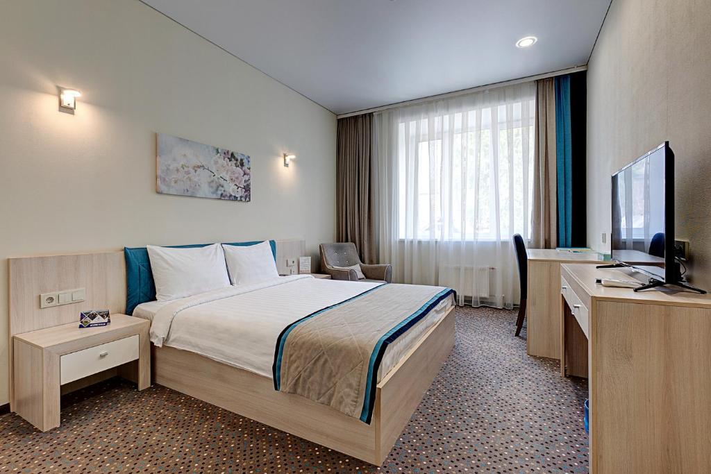 特维尔Hotel Berg Haus的配有一张床和一台平面电视的酒店客房