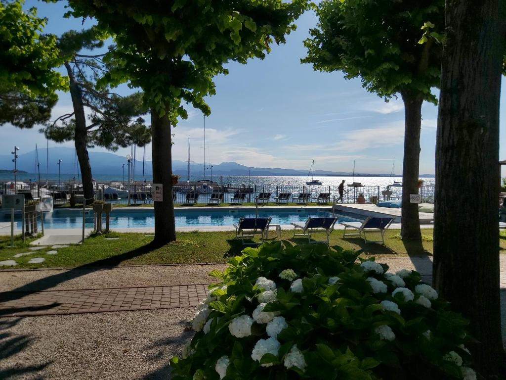 加达湖畔帕登赫Villaggio Turistico dei Tigli的一座种有树木和水体的游泳池