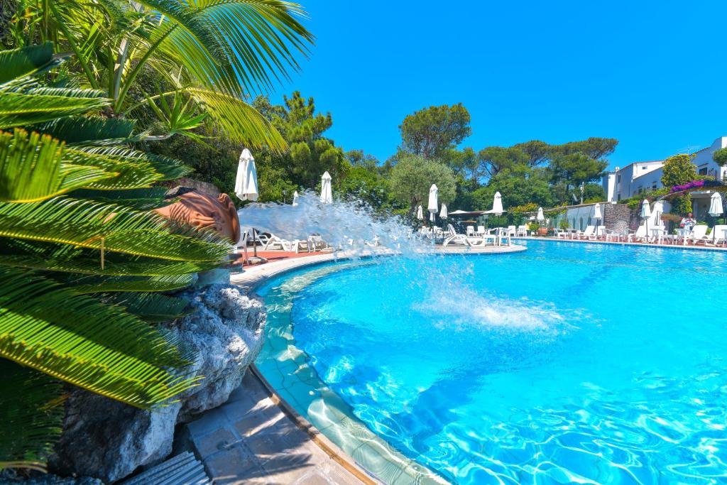 伊斯基亚松林酒店的度假村内带喷泉的游泳池