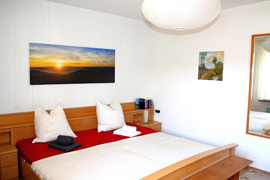 黑林山区贝尔瑙Gemütliche Fewo mit Sonnenterrasse的一间卧室配有一张带红色毯子的床