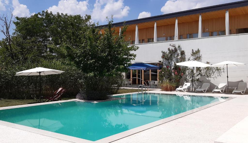 普里什蒂纳格拉查尼察酒店的一座带椅子和遮阳伞的游泳池位于一座建筑旁边