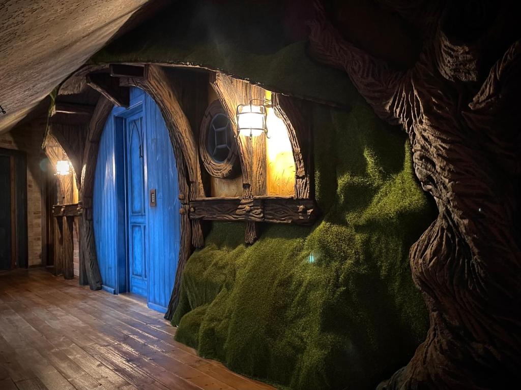 埃格尔Excalibur miniHotel的一间设有蓝色门和绿色墙壁的房间