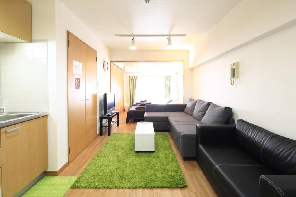 东京【渋谷35】光回線完備のお部屋＜Rewrite＞的客厅配有黑色沙发和绿色地毯。