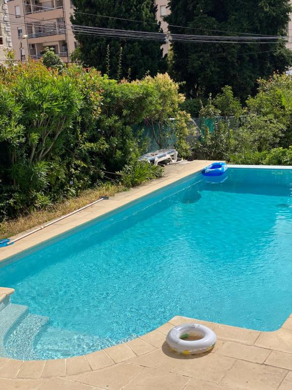 滨海卡涅Maisonnette Cagnes的一座大型蓝色游泳池,水中有一个环
