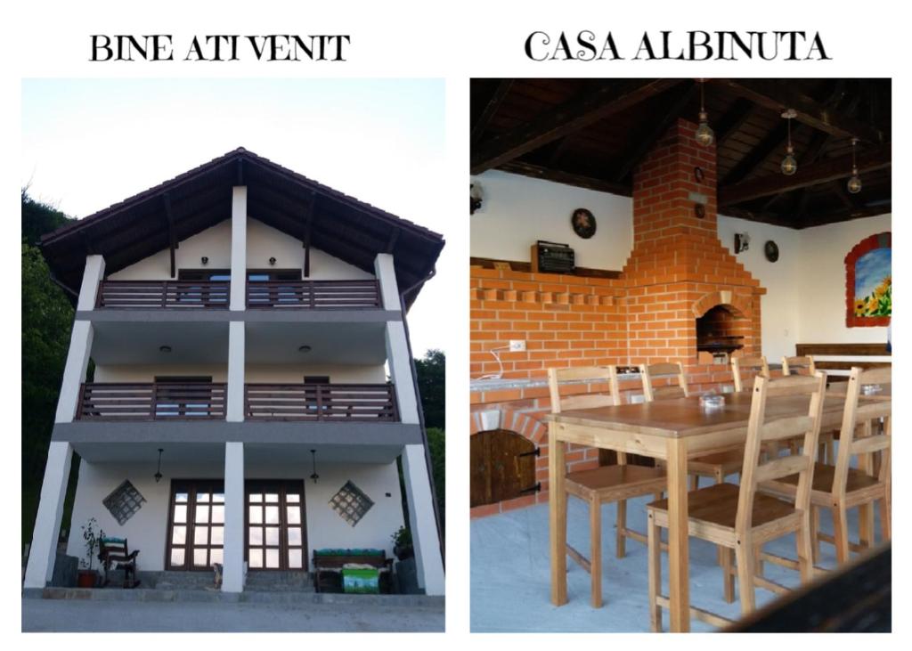 克利默内什蒂Casa Albinuța的两幅房子的照片,一张桌子和一座建筑物