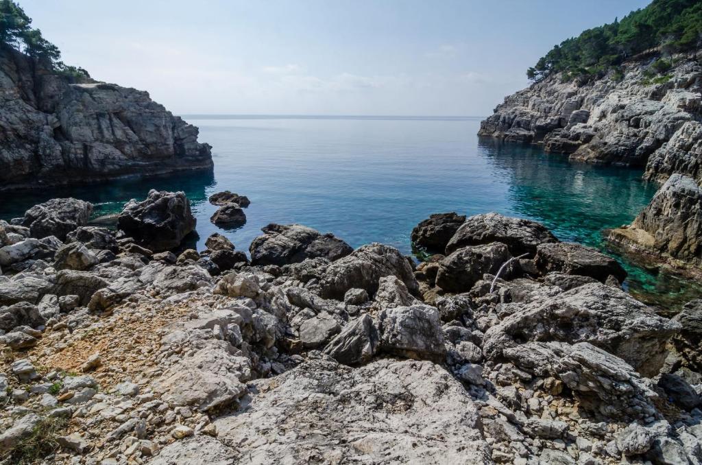 RopaRooms Korina & Mauro Ropa Mljet的蓝色的海水和岩石的岩石海岸