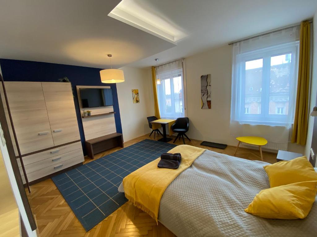 布达佩斯Frank & Fang Apartments MK1的一间卧室配有一张特大号床和一台电视