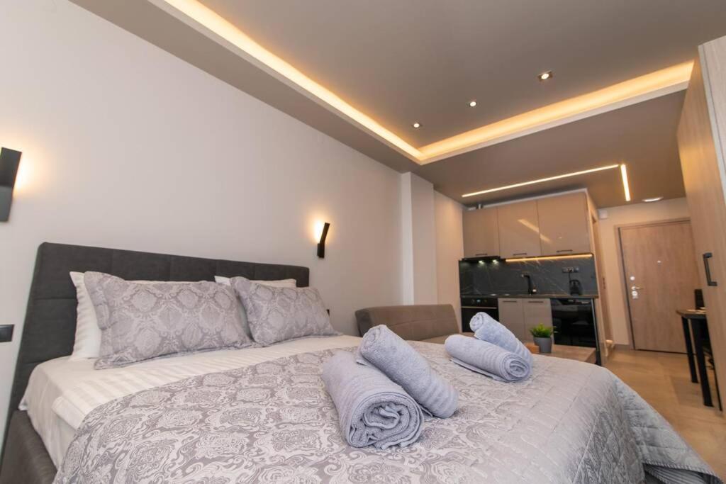 塞萨洛尼基Kastalia Living Thessaloniki的一间卧室配有一张大床和枕头