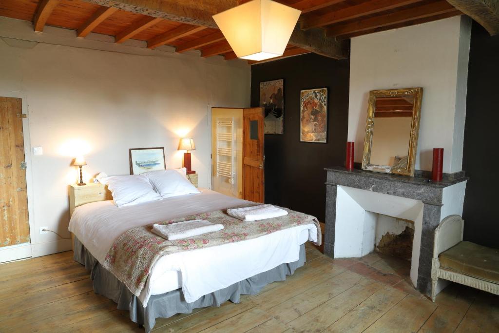 FranconLa Maison de Louis的一间卧室设有一张大床和一个壁炉