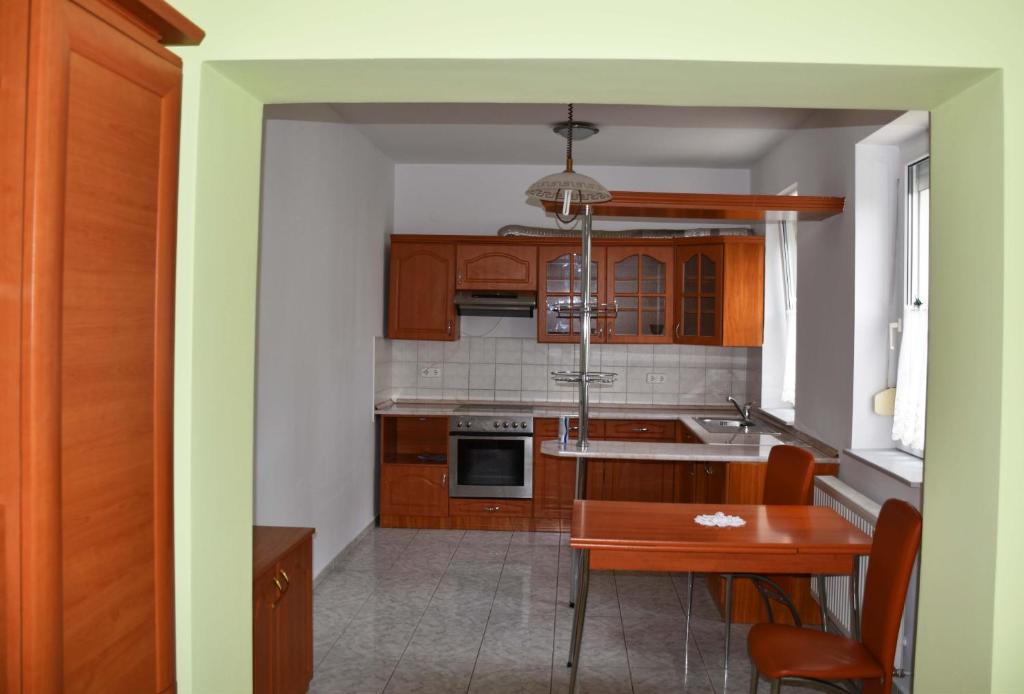 伦蒂Pilikán Apartments Lenti的一间带木制橱柜和桌子的厨房以及一间用餐室