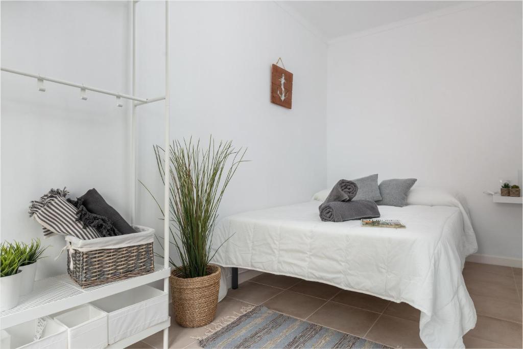 克里斯托港Sa Marineta的白色卧室,床上有植物