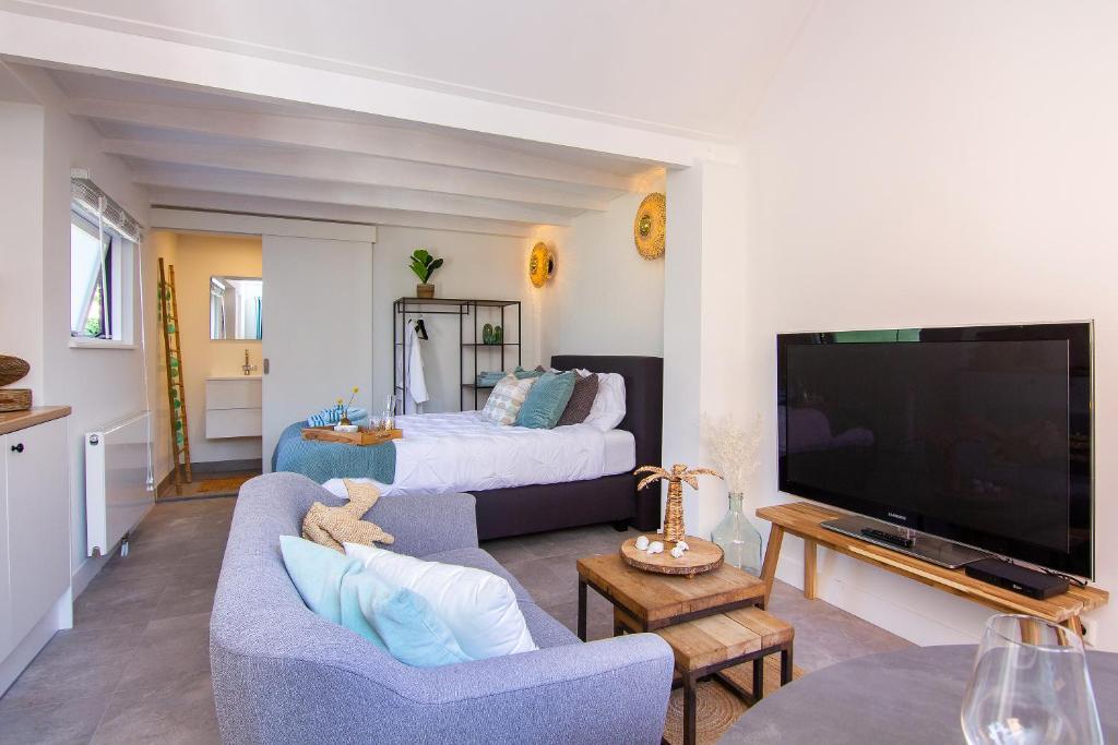 赞德沃特Coast Guesthouse的带沙发、电视和床的客厅