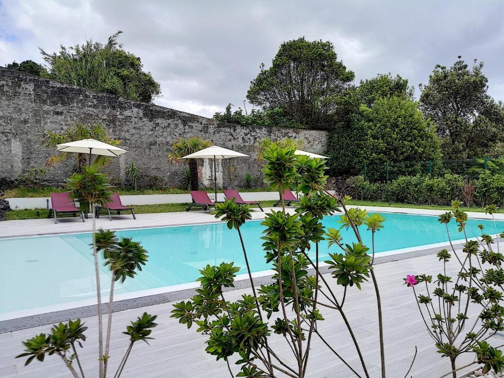 蓬塔德尔加达CFS Azores Guest House的一个带椅子和遮阳伞的游泳池,位于墙上