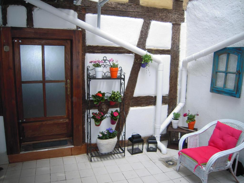 利克维Appartement Le Chez Soi Riquewihr的一间设有门、椅子和鲜花的房间