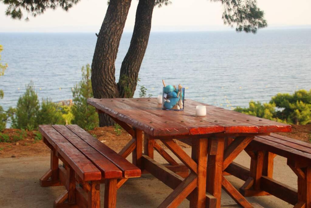 普萨克迪亚Pefkonas Apartments 100 m from the beach的一张木餐桌,旁边设有两个长凳