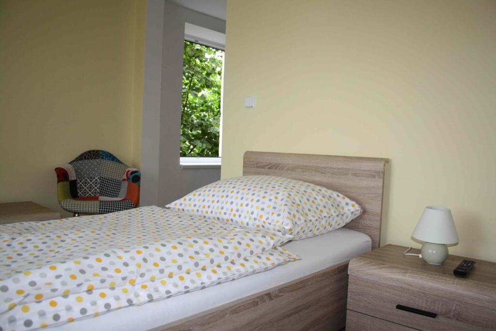 BludovUbytování Bludov u lázní的一间卧室配有一张带枕头和窗户的床
