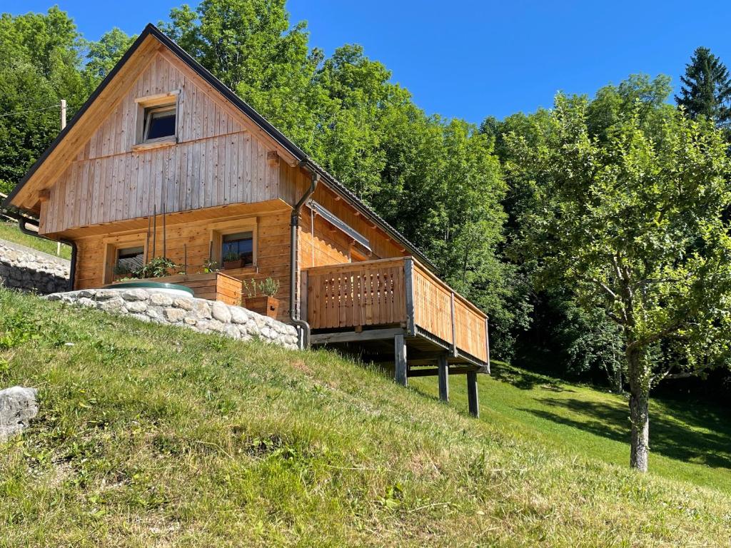 博希尼Miha`s cottage的一座树木茂密的山丘上的大型小木屋
