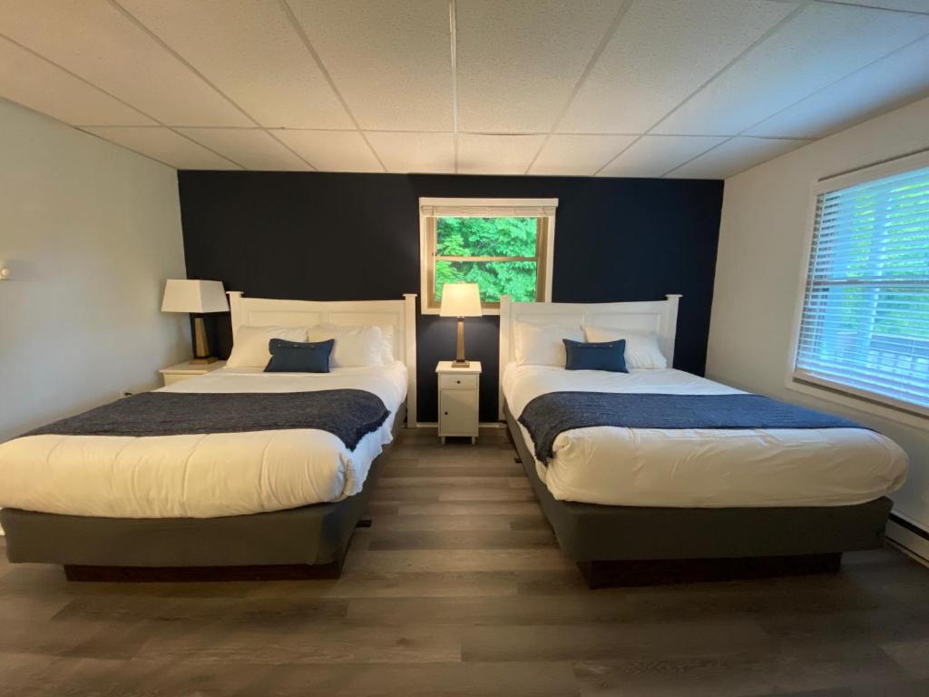 ShandakenCatskill Seasons Inn的蓝色墙壁客房的两张床
