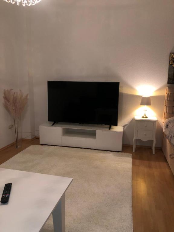 什未林Wohnung am Schlossgarten的客厅设有壁挂式平面电视。