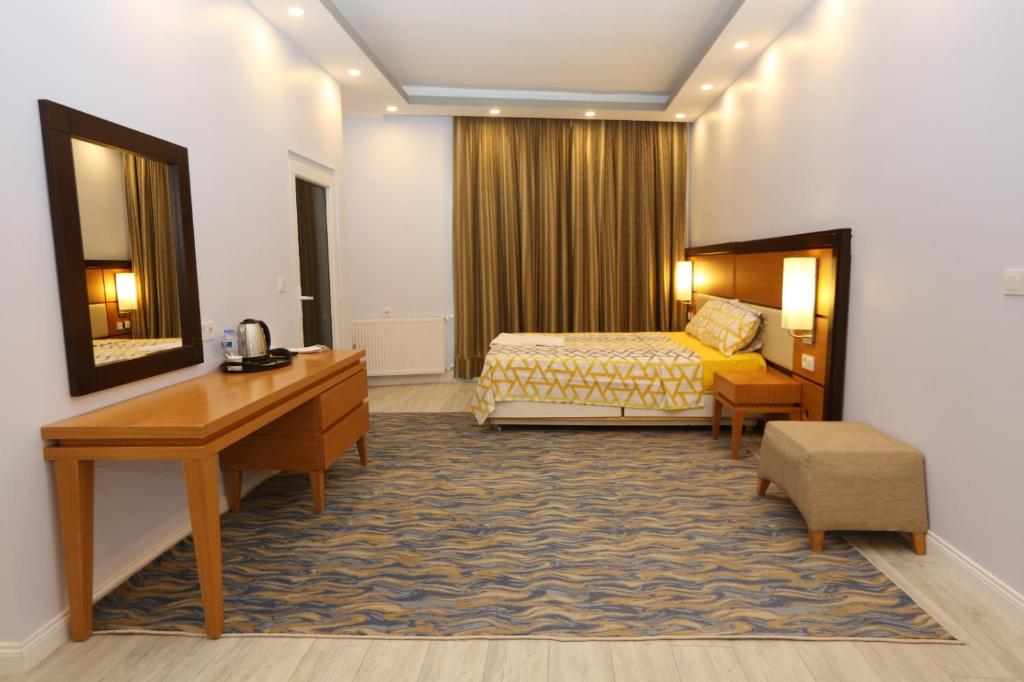 阿德亚曼Kommageneiz hotel的配有一张床和一张书桌的酒店客房