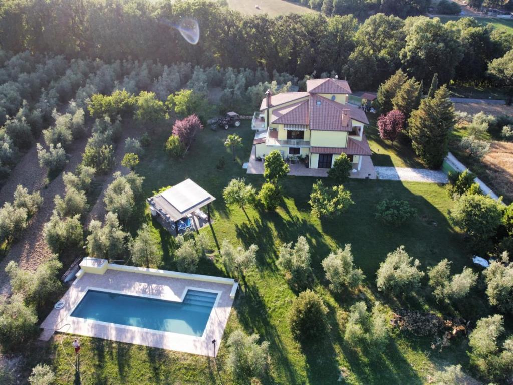阿奎阿斯巴达La Casa Nell'Oliveto Bed & Breakfast的享有带游泳池的房屋的空中景致