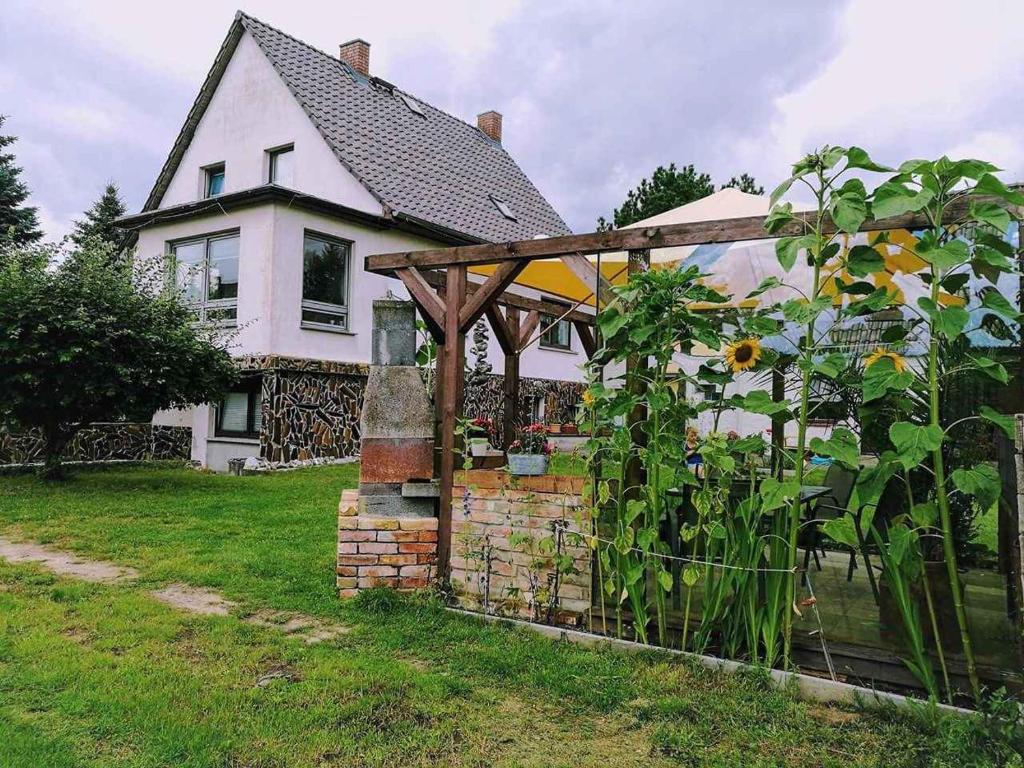 SehlenApartment in Sehlen/Insel Rügen 34682的一座带围栏的房屋和一座带向日葵的花园