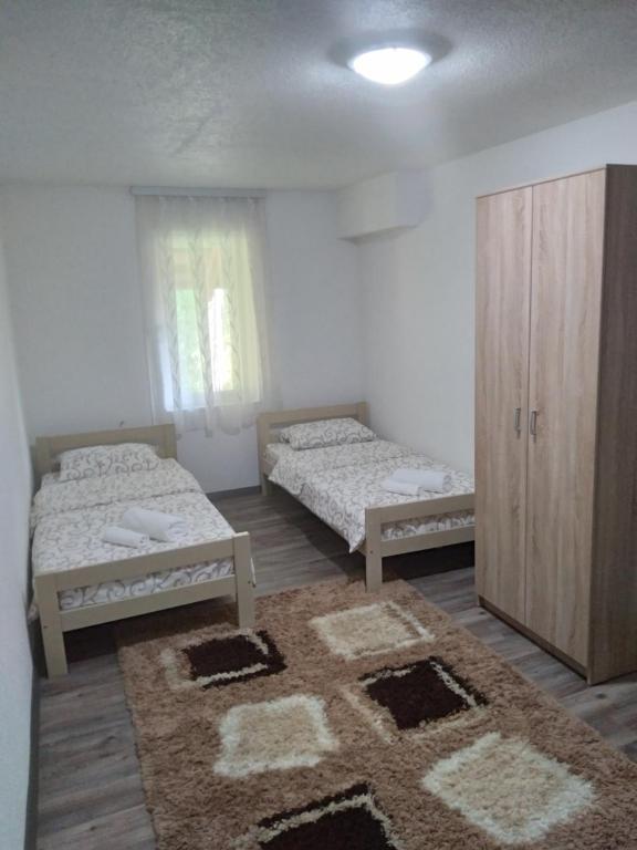 普拉夫Guest house Erdan的一间设有两张床、一个橱柜和地毯的房间