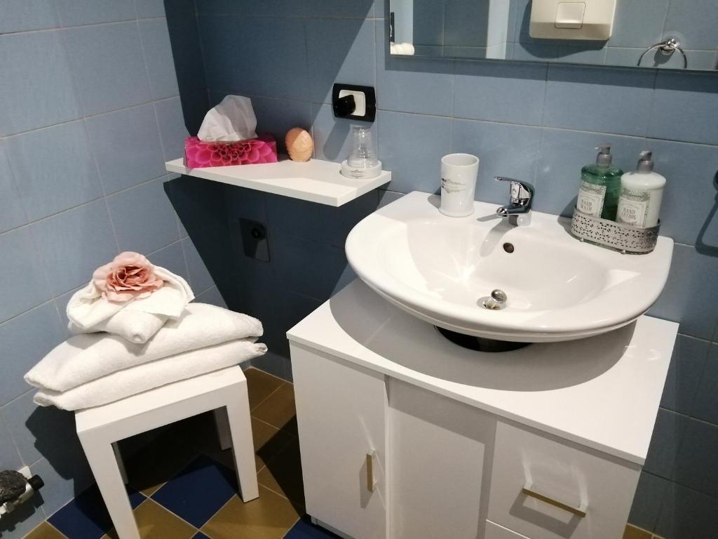 维罗纳CASTLE VIEW LODGE intero appartamento Verona centro storico的浴室配有盥洗盆和带毛巾的台面。
