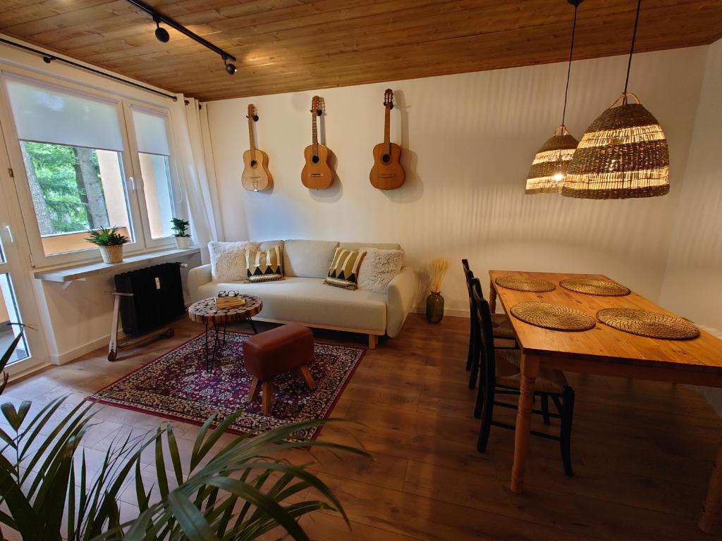 扎科帕内ZakoRustic的客厅配有沙发和墙上的吉他桌