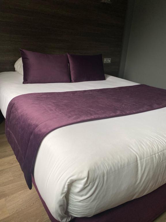 贝桑松维索提欧餐厅酒店 的一张配有紫色和白色床单及枕头的大床