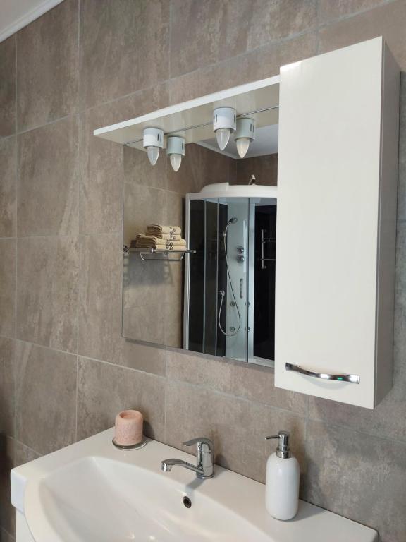瓦杜Villa Romelia - Select Apartments的一间带水槽和镜子的浴室