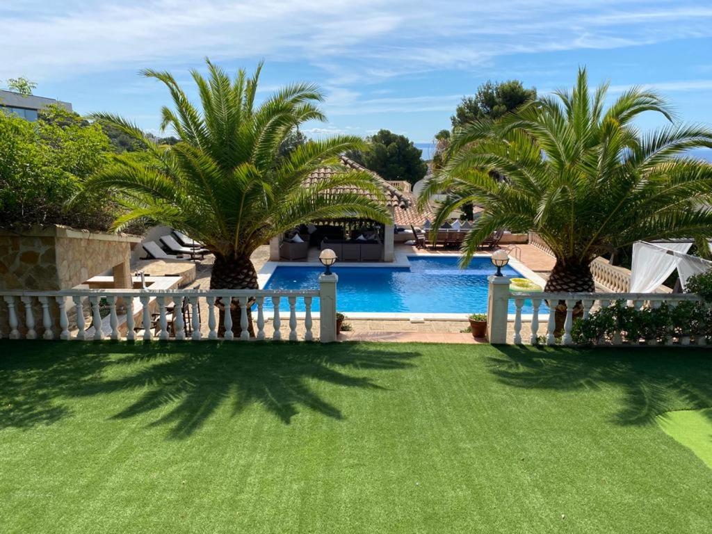 马略卡岛帕尔马Villa Santa Lavinia的棕榈树庭院和游泳池