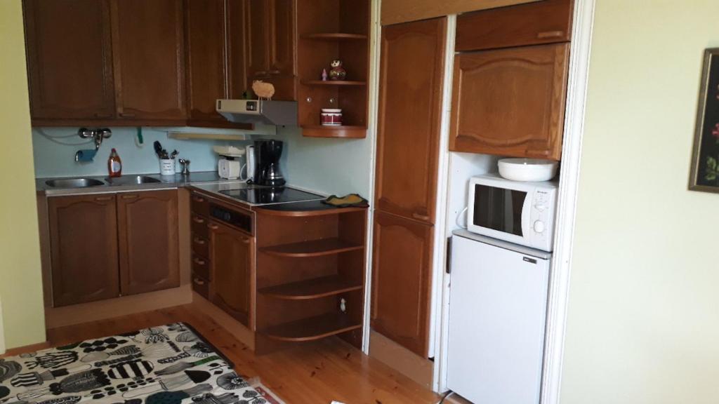 瓦尔考斯Studio mummola的一间带木制橱柜和白色冰箱的小厨房